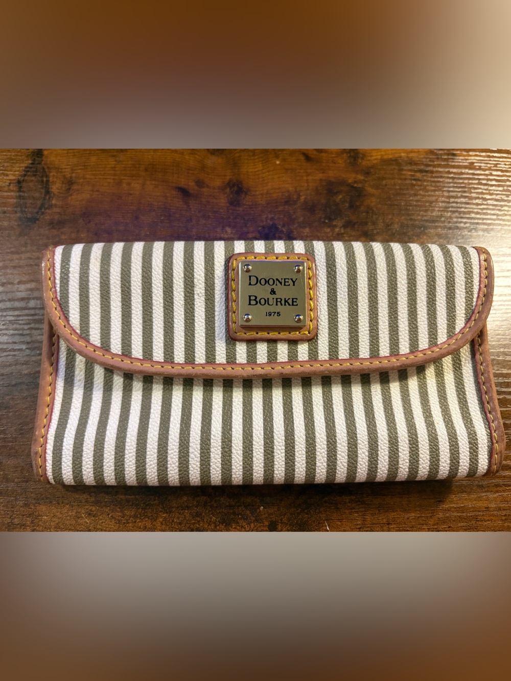 Dooney & Bourke Olive and Cream Striped Wallet Phone Case with Leather Trim